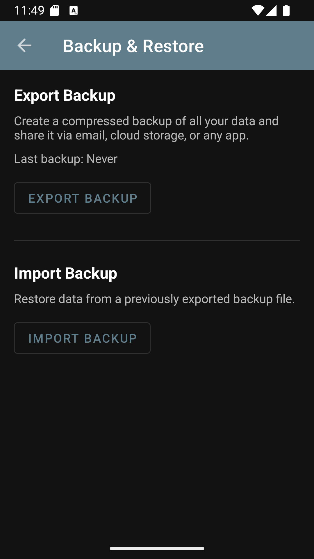 LastDone backup and restore screen